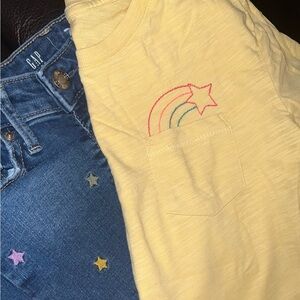 Bundled Kids High Rise Ankle Jeggings / yellow cotton T Rainbow star embroidered